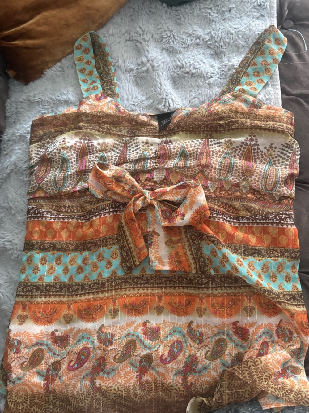 Lane Bryant Orange and Aqua Paisley Tie-Front Camisole